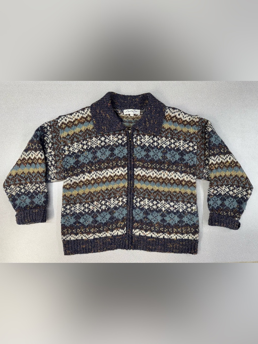 Barbra Sue Full Zipup Knit Polo-Style Collar Fair Isle Geometric Pattern Sweater
